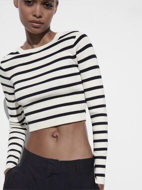 New ZARA Striped Long-Sleeve Cropped Knit Top